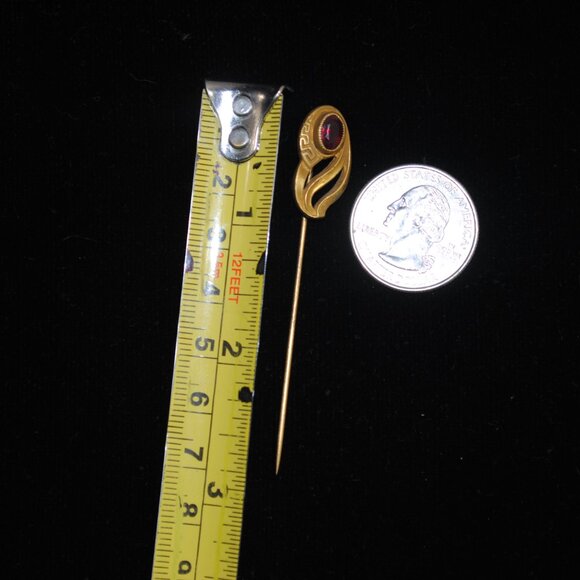 Antique Greek Key Art Nouveau Stick / Tie Pin with Red-Pink Glass - Picture 8 of 8